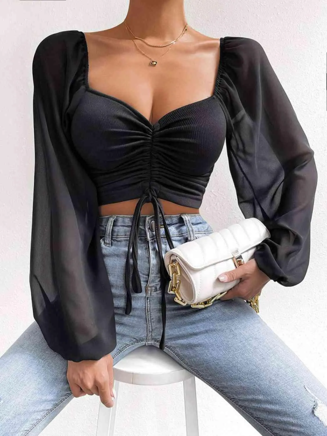 Drawstring Sweetheart Neck Crop Top
