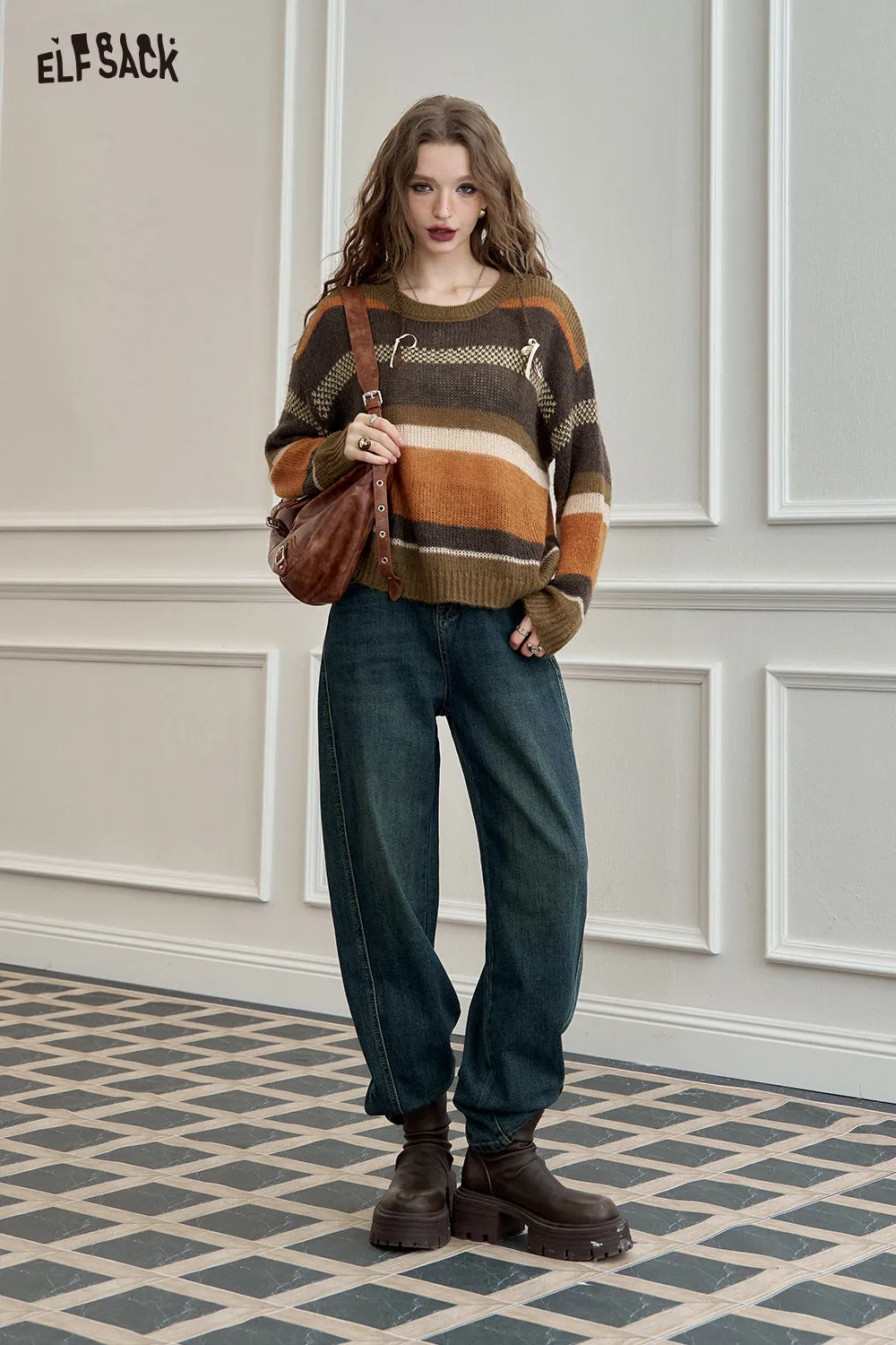 ELFSACK 2024 Autumn New Arrivals Black High-Waisted Flare Jeans for Women Versatile Nine-Point Commuter Pants