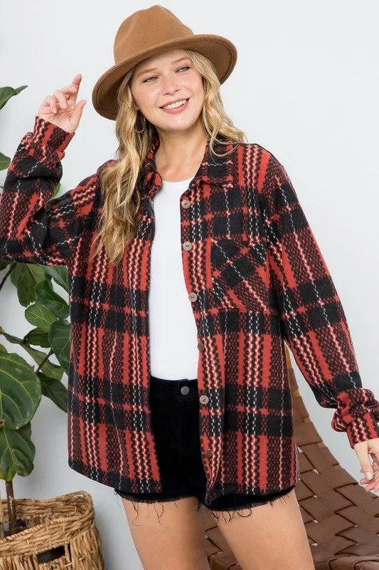 Fuzzy Red Plaid Button Down Jacket
