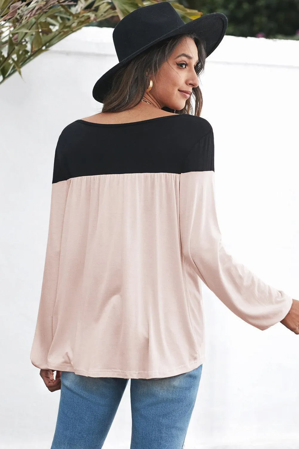 Girly Color Block Balloon Sleeve Blouse