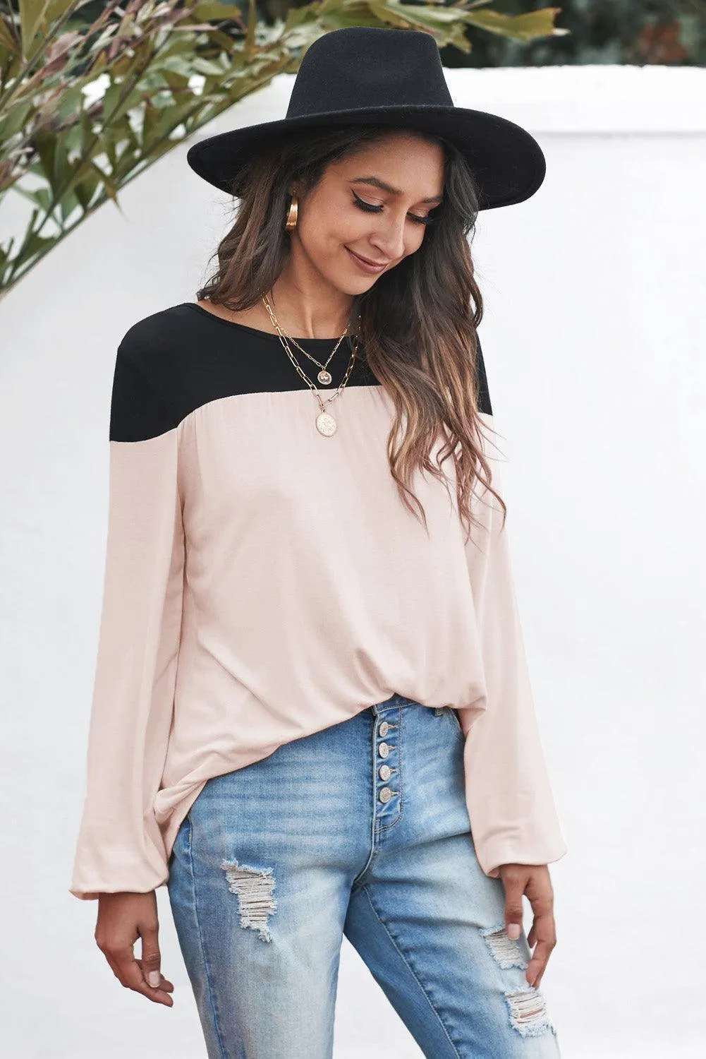 Girly Color Block Balloon Sleeve Blouse