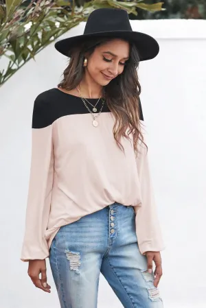 Girly Color Block Balloon Sleeve Blouse