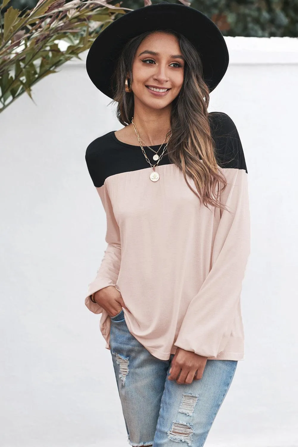 Girly Color Block Balloon Sleeve Blouse