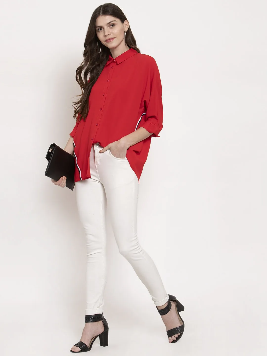 Ladies Red Solid Collared Shirt