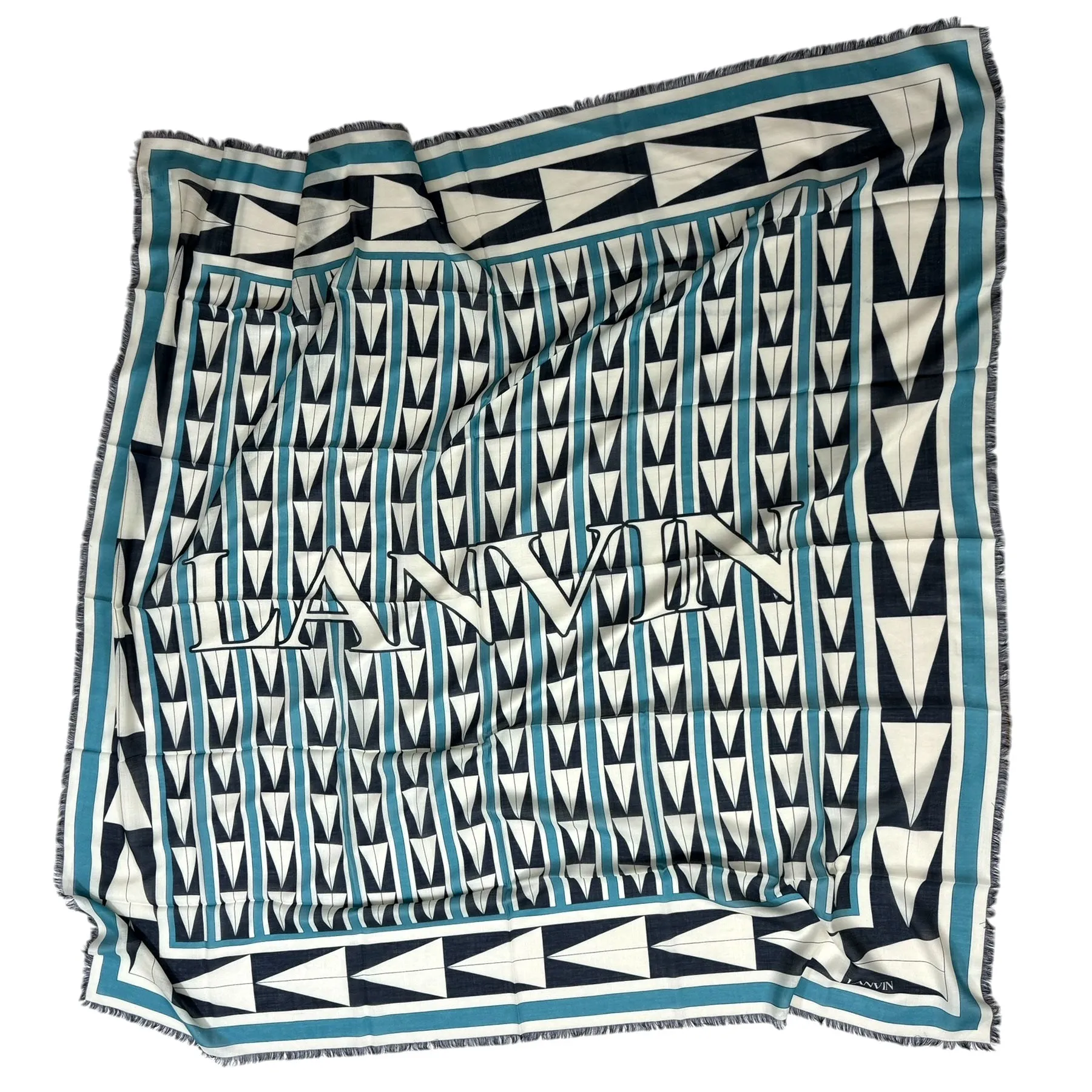 Lanvin Scarf Teal Black Geometric Design - Extra Large Square Cashmere Blend Shawl