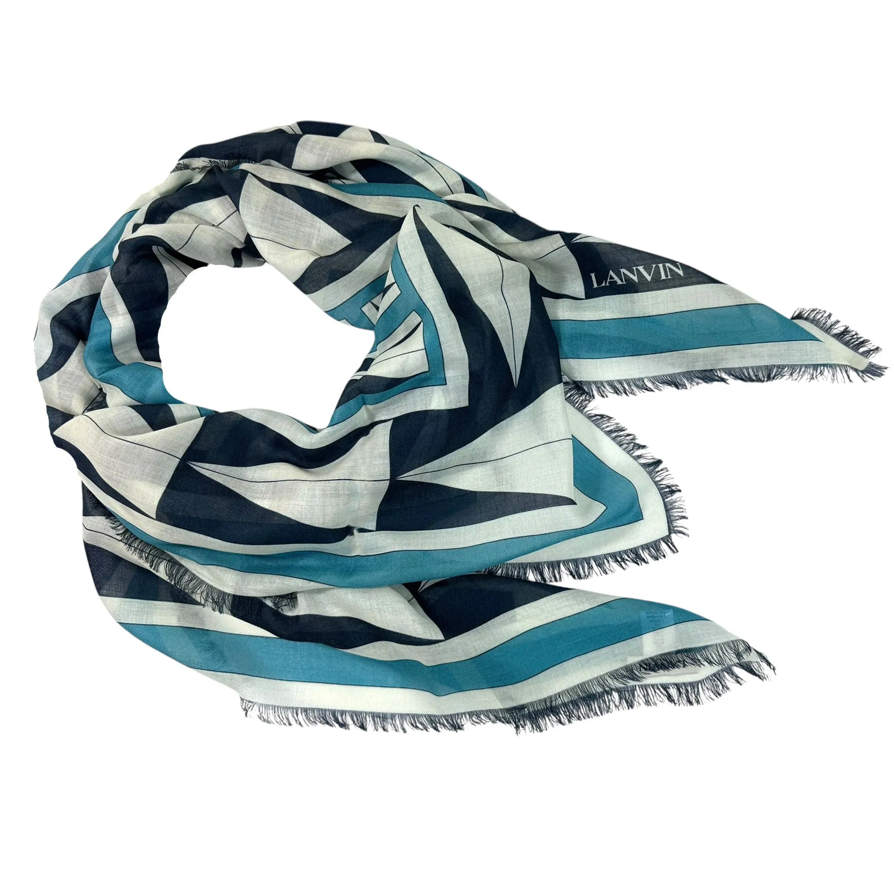 Lanvin Scarf Teal Black Geometric Design - Extra Large Square Cashmere Blend Shawl