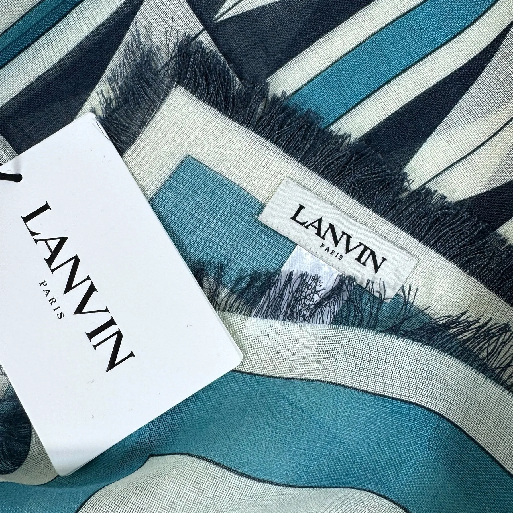 Lanvin Scarf Teal Black Geometric Design - Extra Large Square Cashmere Blend Shawl