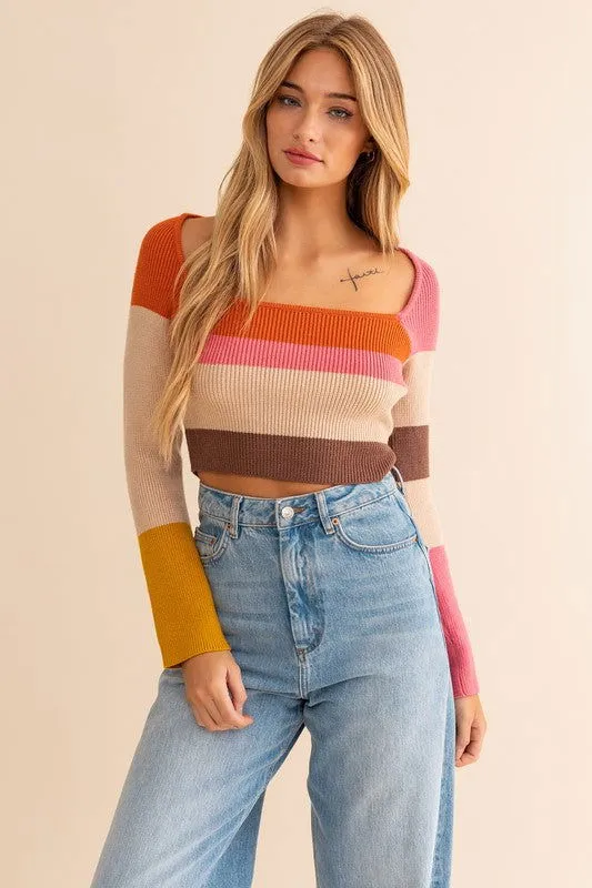 Long Sleeve Color Block Square Neck Knit Top