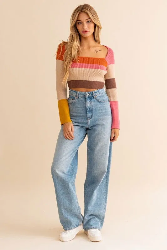 Long Sleeve Color Block Square Neck Knit Top
