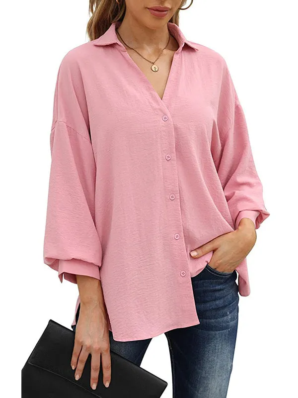 Loose Puff  Three-Quarter Sleeves Solid Color Lapel Blouses