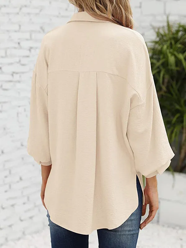 Loose Puff  Three-Quarter Sleeves Solid Color Lapel Blouses