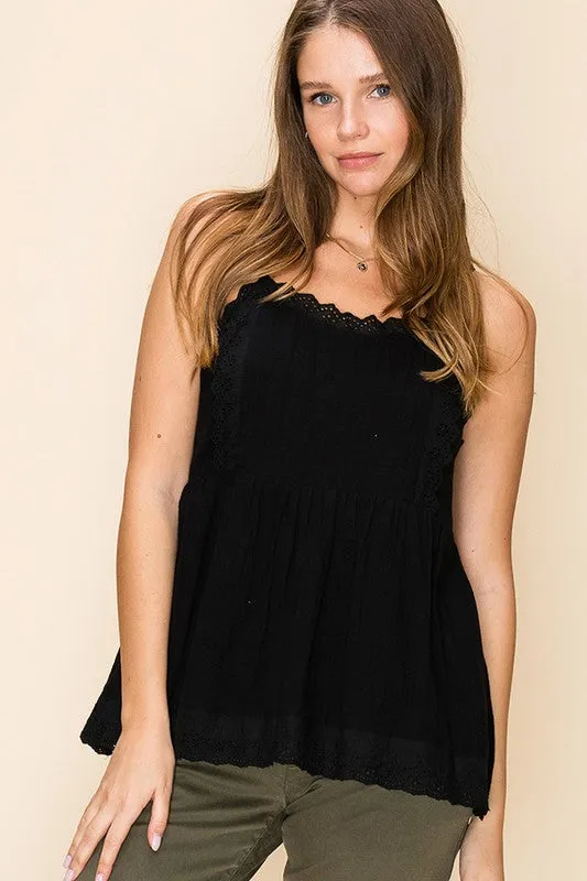 Megan Crochet Black Babydoll Top