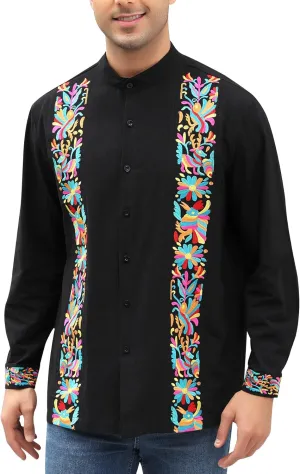 Mexican Shirts for Men Guayabera Embroidered Traditional Fiesta Button Up Mandarin Collared Long Sleeve Shirt