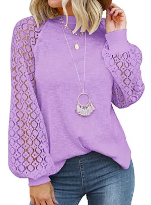 MIHOLL Women’s Long Sleeve Tops Lace Casual Loose Blouses T Shirts Light Purple