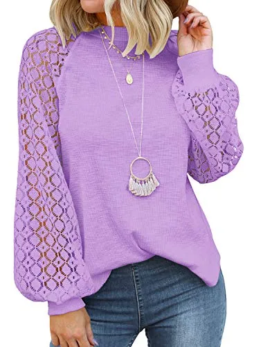 MIHOLL Women’s Long Sleeve Tops Lace Casual Loose Blouses T Shirts Light Purple