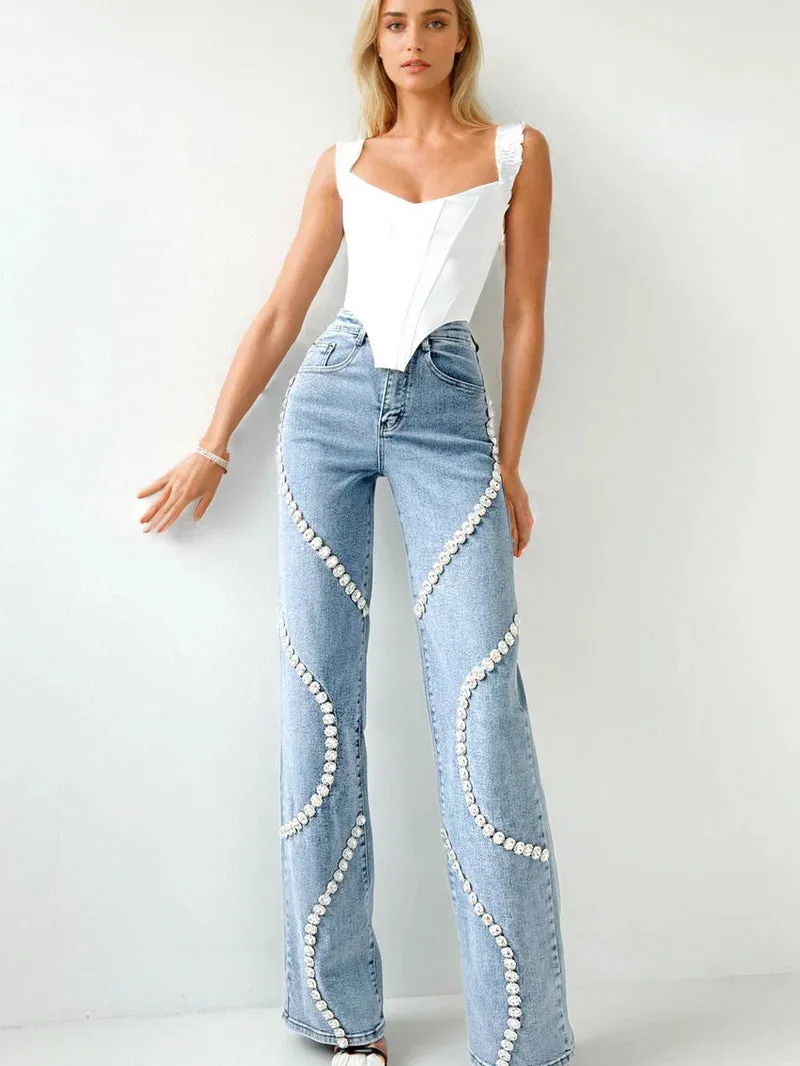 Quintina – Rhinestone embellished – Wide leg jeans