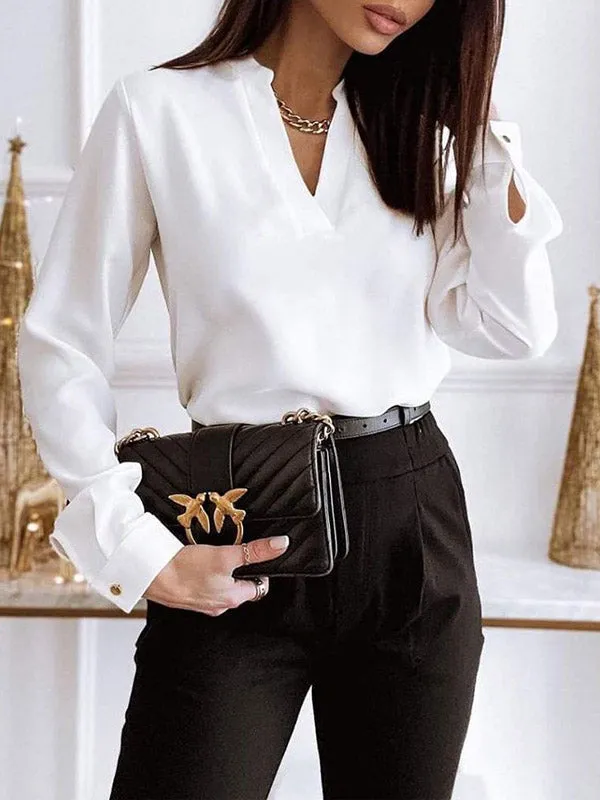 Solid Color Long Sleeves Loose V-neck Blouses&shirts Tops