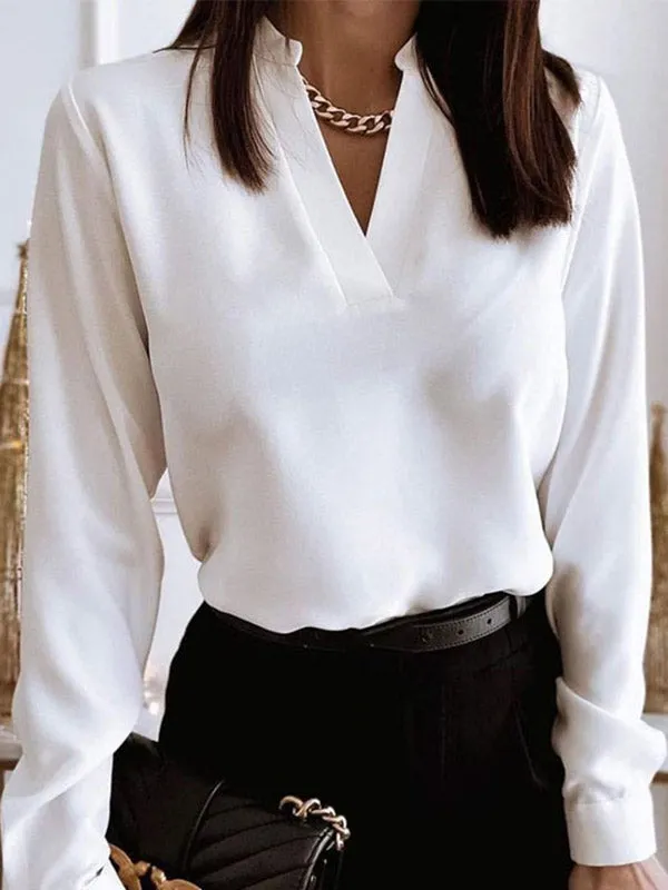 Solid Color Long Sleeves Loose V-neck Blouses&shirts Tops