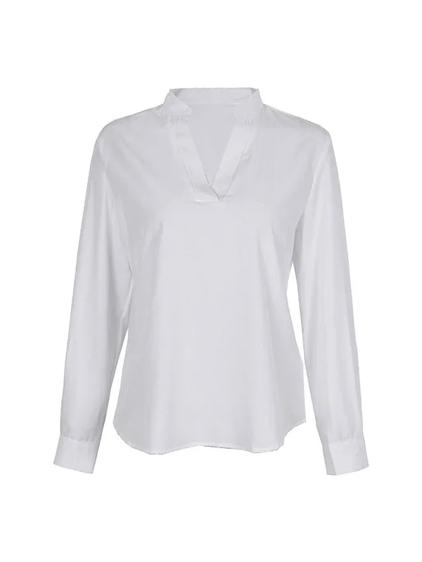Solid Color Long Sleeves Loose V-neck Blouses&shirts Tops