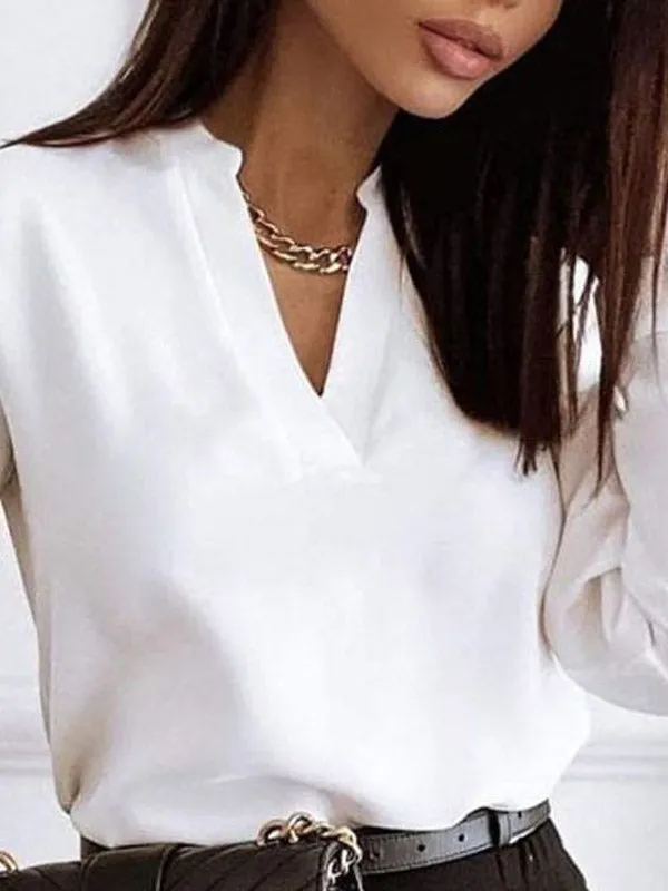 Solid Color Long Sleeves Loose V-neck Blouses&shirts Tops