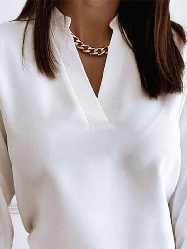 Solid Color Long Sleeves Loose V-neck Blouses&shirts Tops