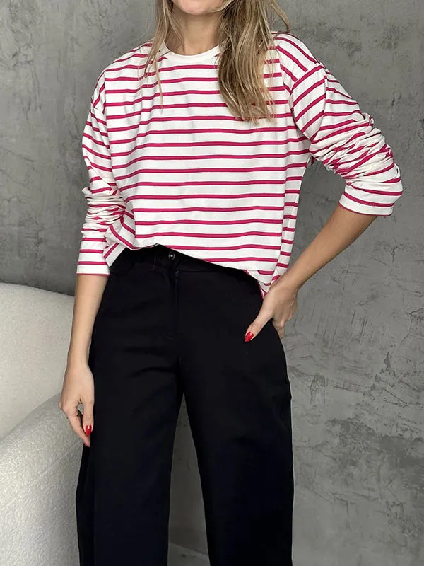 Striped Long Sleeves Loose Round-Neck T-Shirts Tops