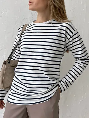 Striped Long Sleeves Loose Round-Neck T-Shirts Tops