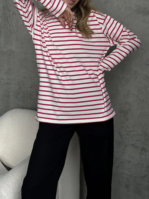 Striped Long Sleeves Loose Round-Neck T-Shirts Tops