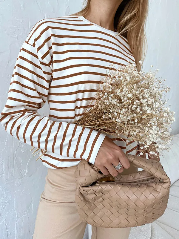 Striped Long Sleeves Loose Round-Neck T-Shirts Tops