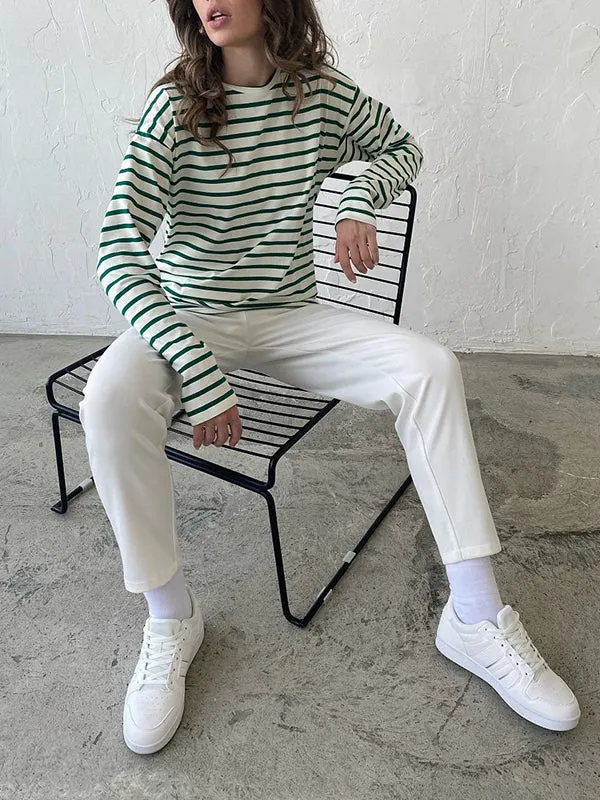 Striped Long Sleeves Loose Round-Neck T-Shirts Tops