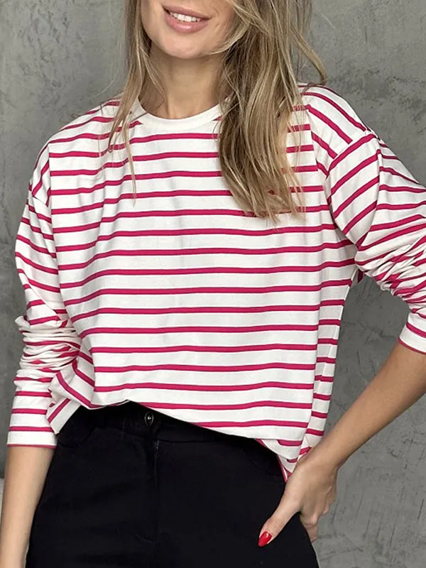Striped Long Sleeves Loose Round-Neck T-Shirts Tops