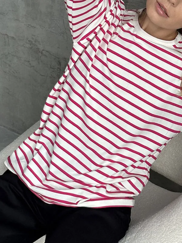 Striped Long Sleeves Loose Round-Neck T-Shirts Tops