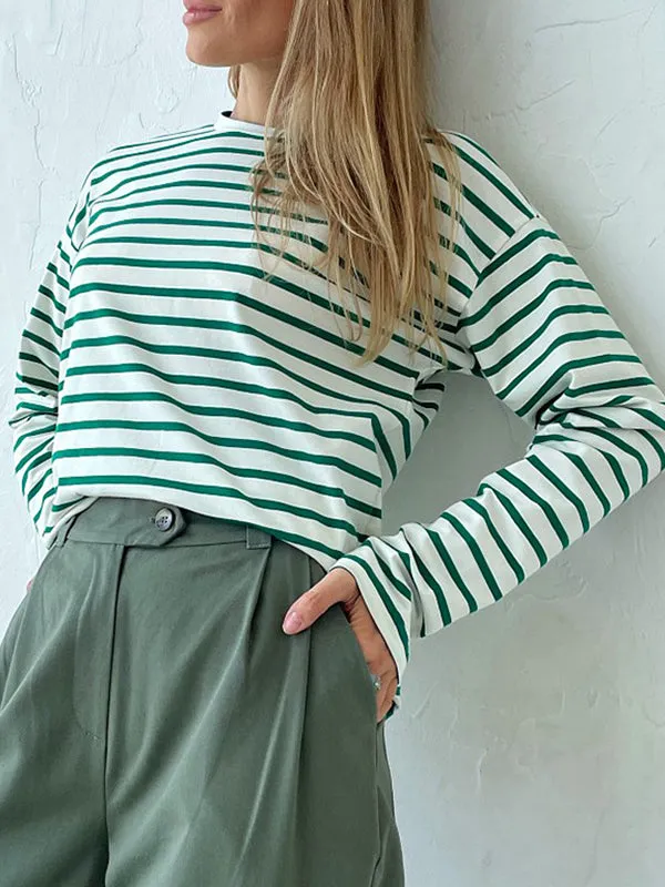 Striped Long Sleeves Loose Round-Neck T-Shirts Tops