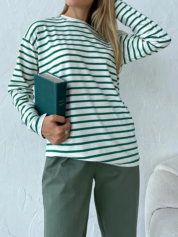 Striped Long Sleeves Loose Round-Neck T-Shirts Tops
