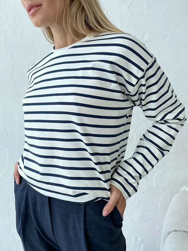 Striped Long Sleeves Loose Round-Neck T-Shirts Tops