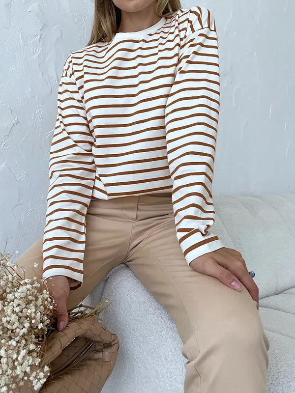 Striped Long Sleeves Loose Round-Neck T-Shirts Tops