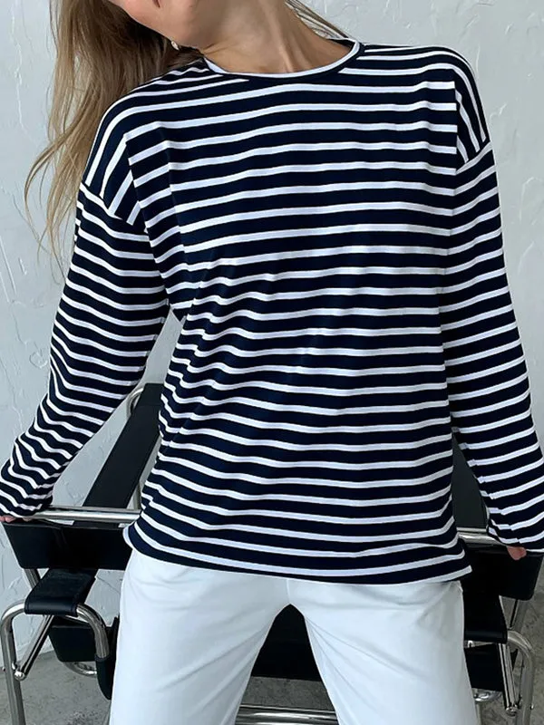Striped Long Sleeves Loose Round-Neck T-Shirts Tops