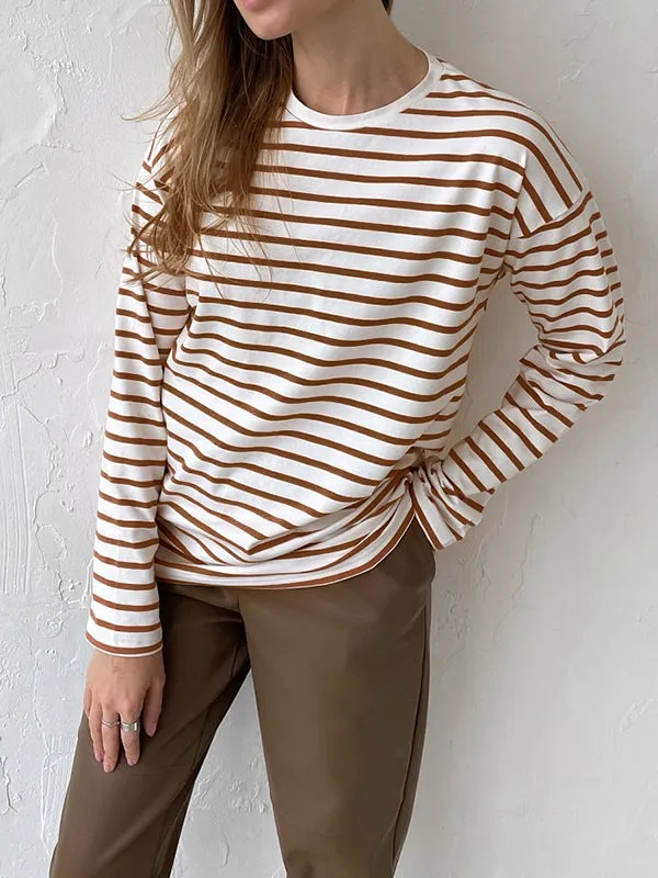 Striped Long Sleeves Loose Round-Neck T-Shirts Tops