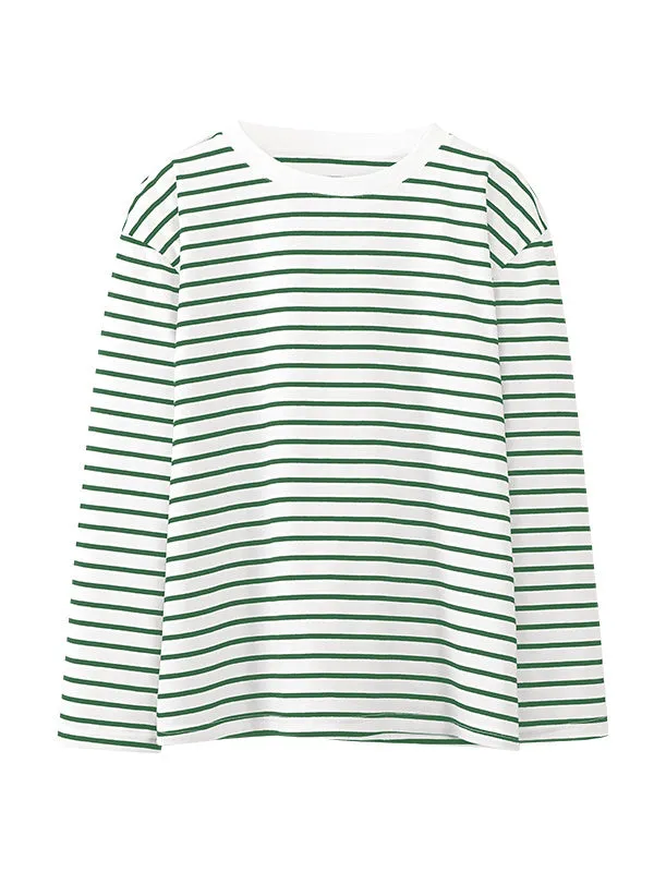 Striped Long Sleeves Loose Round-Neck T-Shirts Tops