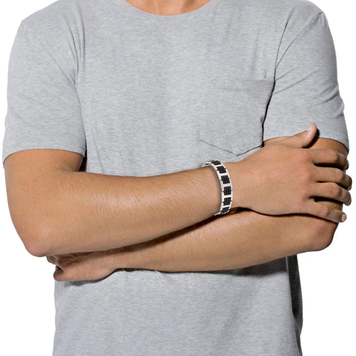 Stylish Rubber 316L Stainless Steel Black Silver Bracelet Men
