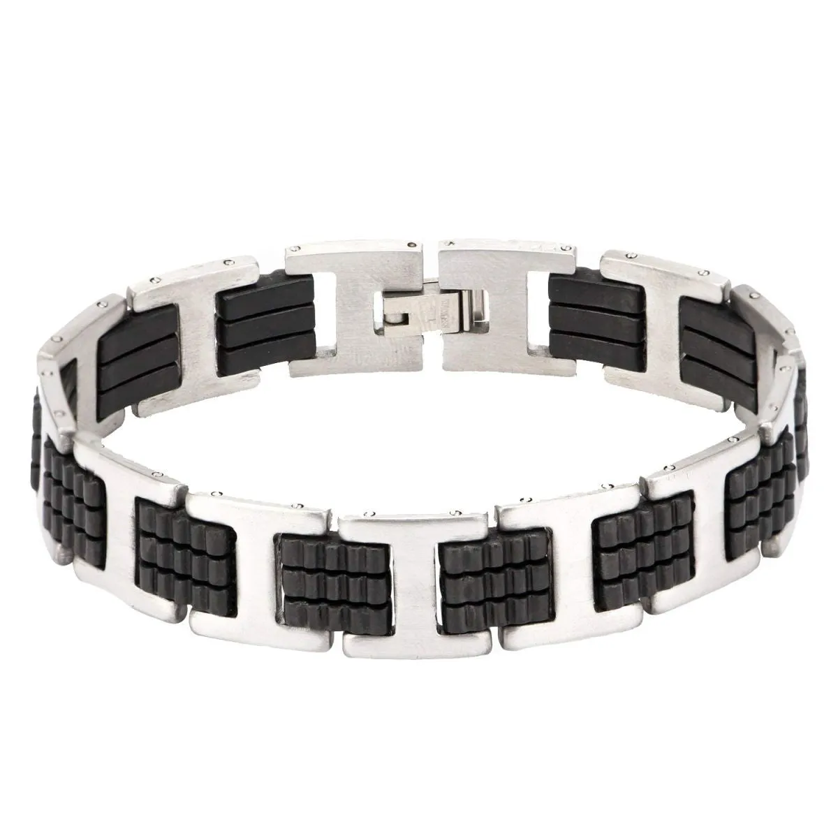 Stylish Rubber 316L Stainless Steel Black Silver Bracelet Men