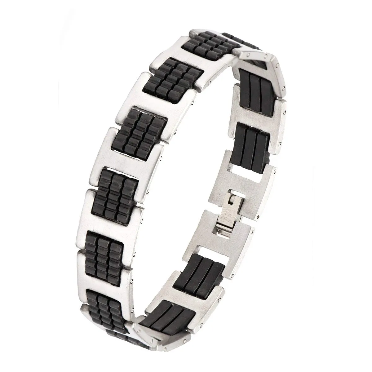 Stylish Rubber 316L Stainless Steel Black Silver Bracelet Men