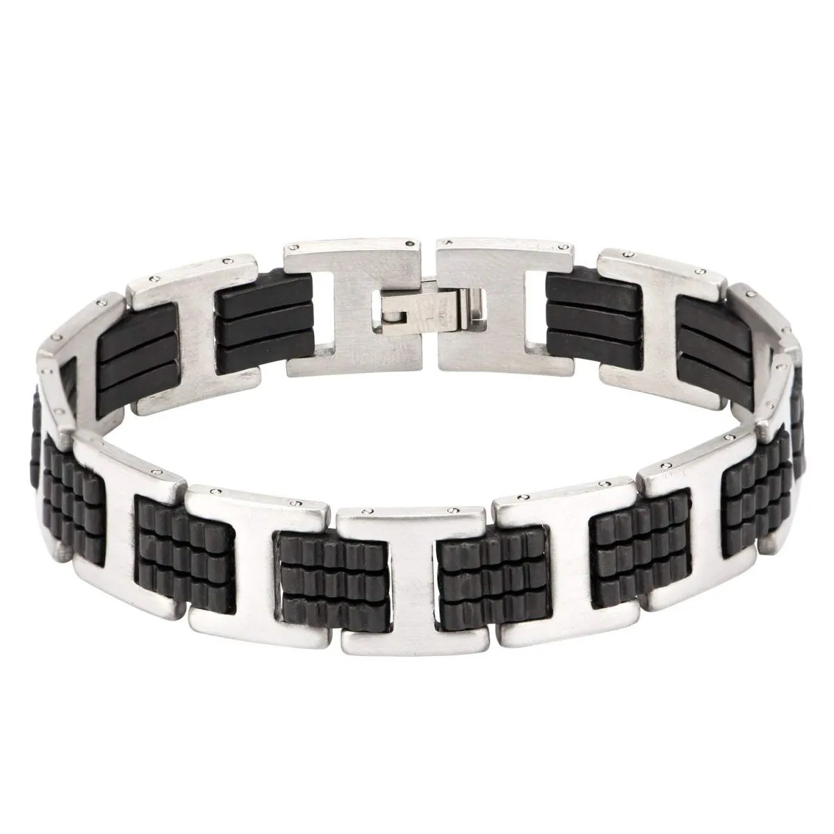 Stylish Rubber 316L Stainless Steel Black Silver Bracelet Men