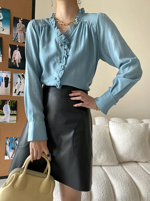 Urban Loose Long Sleeves Falbala Solid Color V-Neck Blouses