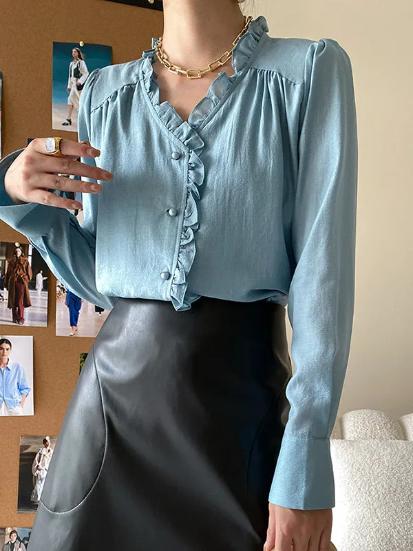 Urban Loose Long Sleeves Falbala Solid Color V-Neck Blouses