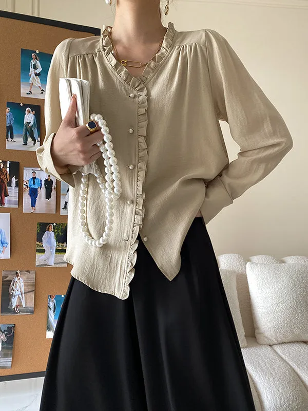 Urban Loose Long Sleeves Falbala Solid Color V-Neck Blouses