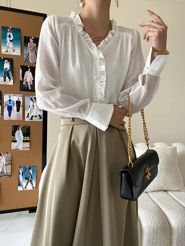 Urban Loose Long Sleeves Falbala Solid Color V-Neck Blouses