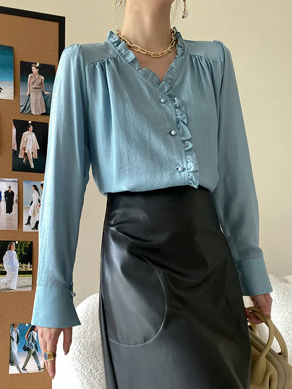 Urban Loose Long Sleeves Falbala Solid Color V-Neck Blouses