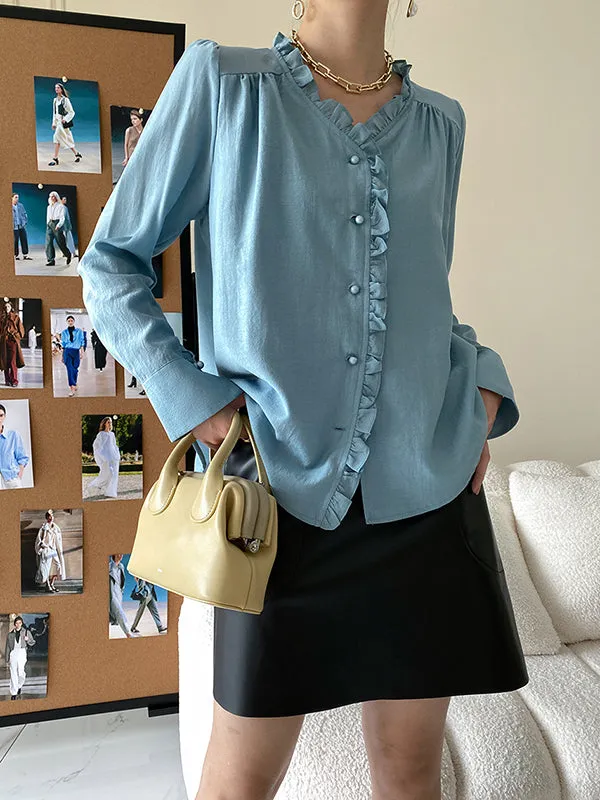 Urban Loose Long Sleeves Falbala Solid Color V-Neck Blouses