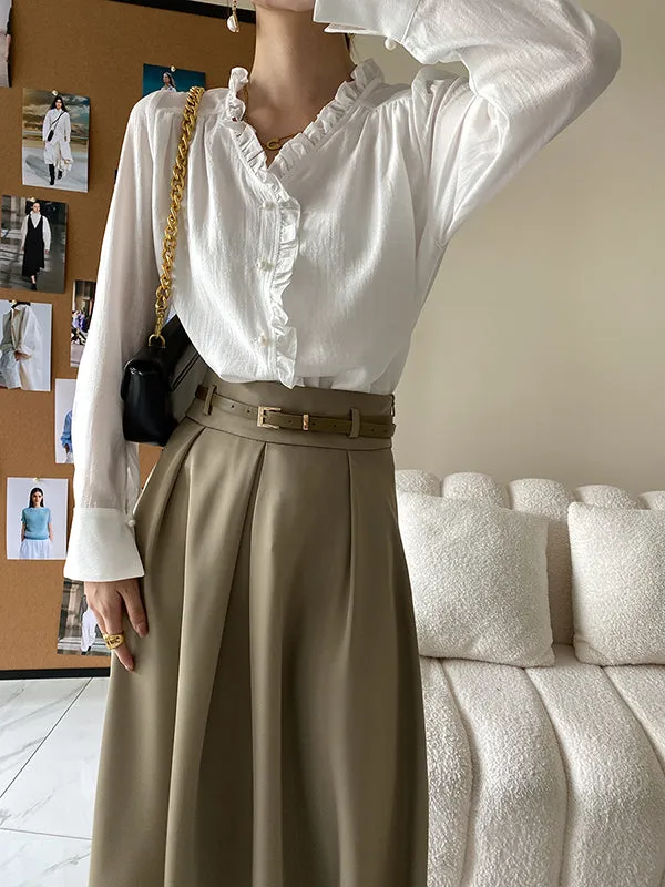 Urban Loose Long Sleeves Falbala Solid Color V-Neck Blouses